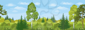 Seamless Horizontal Summer Landscape, Forest with Pines, Birches and Fir Trees, Flowers, Green Grass and Blue Sky with Clouds. Vector