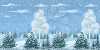 Seamless Horizontal Christmas Winter Forest Landscape with Birch, Firs Trees and Sky with Snow and Clouds. Vector