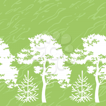 Seamless Background, Summer Forest with White Trees Silhouettes and Abstract Green Pattern. Vector