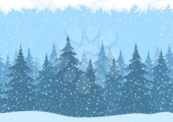 Seamless Horizontal Christmas Winter Forest Landscape with Snow and Fir Trees and Branch Silhouettes. Vector