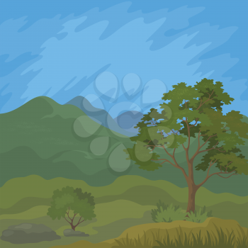 Mountain landscape with pine tree and blue sky. Vector