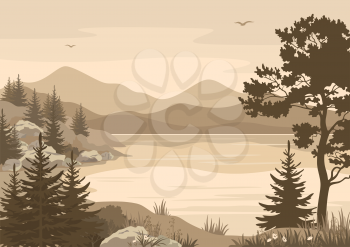 Landscapes, Lake, Mountains with Trees, Flowers and Grass, Birds in the Sky Silhouettes. Vector