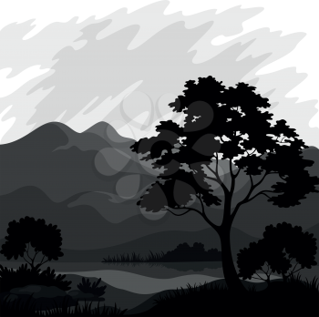 Mountain landscape with pine tree and lake, grey and black silhouettes. Vector