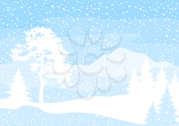 Christmas background, winter landscape with trees blue and white silhouettes and snow. Vector