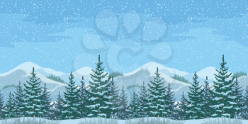 Horizontal Seamless Christmas Winter Mountain Landscape with Firs Trees and Sky with Snow. Vector