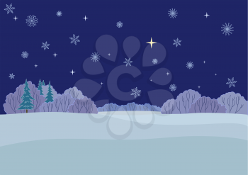Winter Christmas landscape: wood, snow, the star sky