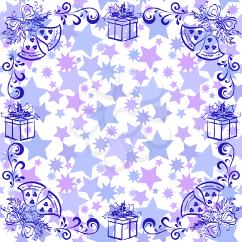 Holiday Christmas Background with Outline Bells, Gift Boxes and Stars Silhouettes. Vector