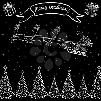 Holiday Cartoon, Santa Claus Flying in Sleigh on Reindeer Over the Fir Trees, on Top of the Picture a Box, Bells and Ribbon with Inscription Mary Christmas, White Contours on Black Background. Vector