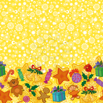 Christmas holiday seamless horizontal pattern with cartoon characters and elements. Vector