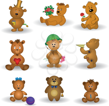 Set teddy bears with holiday greeting objects and toys. Vector