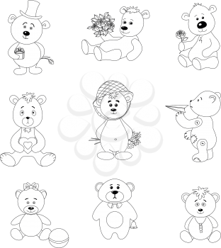 Set teddy bears with holiday greeting objects and toys, black contour on white background. Vector