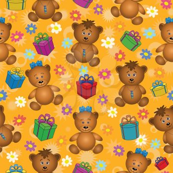 Seamless holiday cartoon background: teddy bears, gift boxes and flowers. Vector