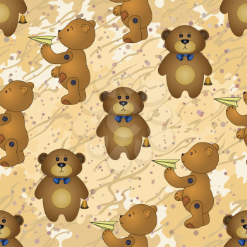 Seamless pattern, cartoon teddy bears with toy airplanes and golden bells on abstract background. Vector