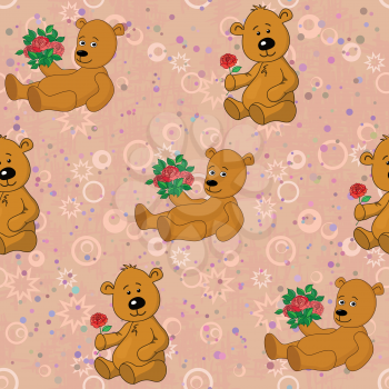 Seamless pattern, cartoon teddy bears with holiday gift bouquets of flowers roses on abstract background. Vector