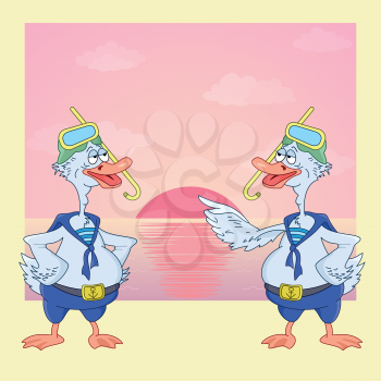 Cartoon goose divers on the sea beach on the background of the rising sun. Vector