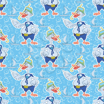 Seamless background, cartoon goose divers and blue pattern with a ship. Vector