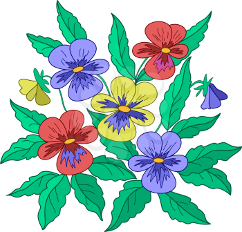 Flowers a pansies with green leaves and multi-coloured petals on a white background. Vector