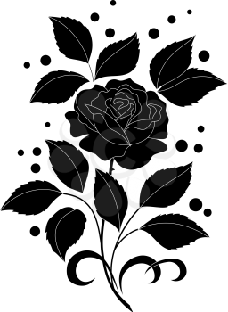 Flower rose with leaves and confetti. Black silhouettes on white background. Vector