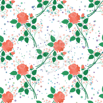 Seamless Pattern, Roses Flowers and Leaves on Floral Background. Vector