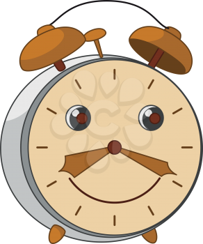 Old-fashioned cartoon smiling mechanical alarm clock on white background. Vector