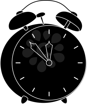 Vintage Cartoon Mechanical Alarm Clock, Black Silhouette on White Background. Vector