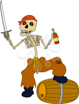 Cartoon evil zombie pirate Jolly Roger skeleton with a sword, a bottle of wine and a barrel. Vector