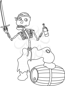 Cartoon evil zombie pirate Jolly Roger skeleton with a sword, a bottle of wine and a barrel, black contours on white background. Vector