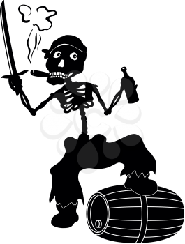 Cartoon evil zombie pirate Jolly Roger skeleton with a sword, a bottle of wine and a barrel smoking a cigar, black silhouettes on white background. Vector
