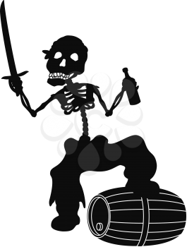Cartoon evil zombie pirate Jolly Roger skeleton with a sword, a bottle of wine and a barrel, black silhouettes on white background. Vector