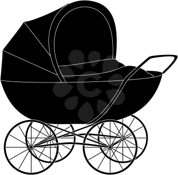 Baby pram, black contour, isolated on white background. Vector
