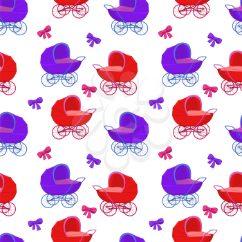 Vector seamless background, baby red and violet carriages and bows