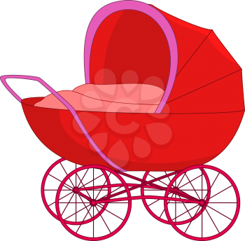 Empty red baby carriage with covered top on four wheels, isolated on white background. Vector
