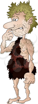 Shaggy and unshaven prehistoric cave-man in animal skin perplexedly looks somewhere. Vector