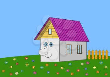 The cheerful house with a human face on a green blossoming summer meadow