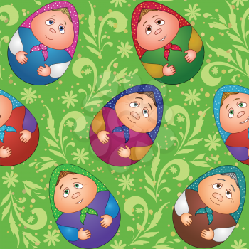 Seamless background, Russian traditional national wooden dolls Matreshka in the form of Easter eggs and green floral pattern. Vector