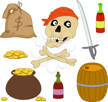 Cartoon Jolly Roger and set of piracy objects, isolated on white background. Vector