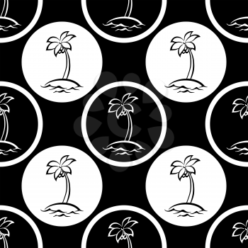 Seamless pattern, symbolical islands with palm trees in circles, black and white silhouettes. Vector