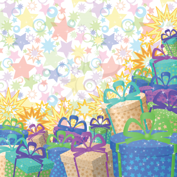 Holiday background with a pattern of festive gift boxes and stars. Eps10, contains transparencies. Vector