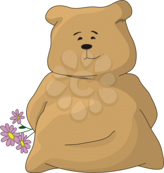 Cartoon toy character teddy bear with a holiday bouquet. Vector