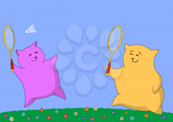 Cartoon animals, mother and the son, playing badminton on a blossoming meadow. Vector