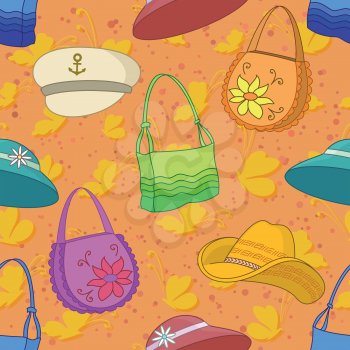 Seamless background of summer beach accessories: handbags, hats and butterflies. Vector