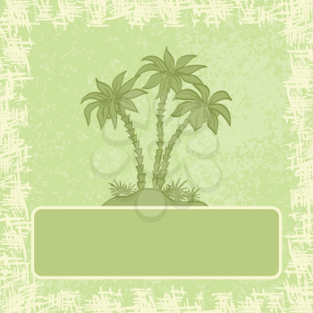 Exotic background, green palm silhouette, frame and grunge pattern. Vector