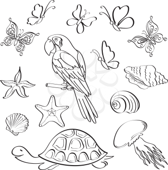 Set of exotic animals and insects, black contour on white background. Vector