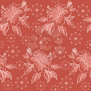 Seamless floral background, hibiscus flowers, contours on red. Vector