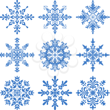 Christmas Decoration, Set Blue Silhouette Snowflakes on White Background. Vector