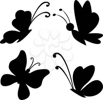 Butterflies with opened wings, black silhouettes on white background. Vector