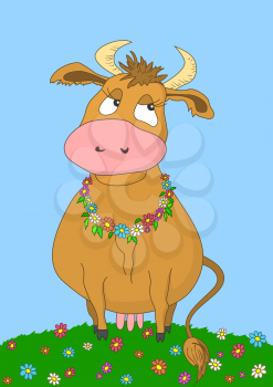 Cartoon pensive cow on a summer flowering meadow. Vector