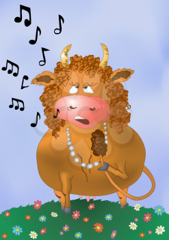 Cartoon cow sings a song on a summer flowering meadow. Vector
