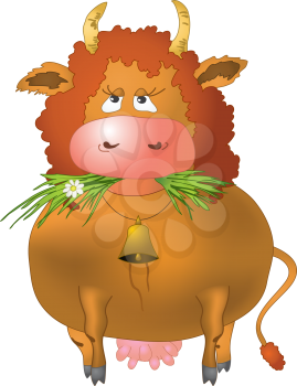 Red curly cow eats a green grass, isolated on white background. Vector
