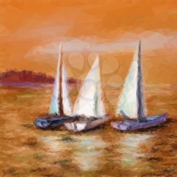 Landscape, Sailboats Yachts Floating in the Sea, Low Poly Picture. Vector